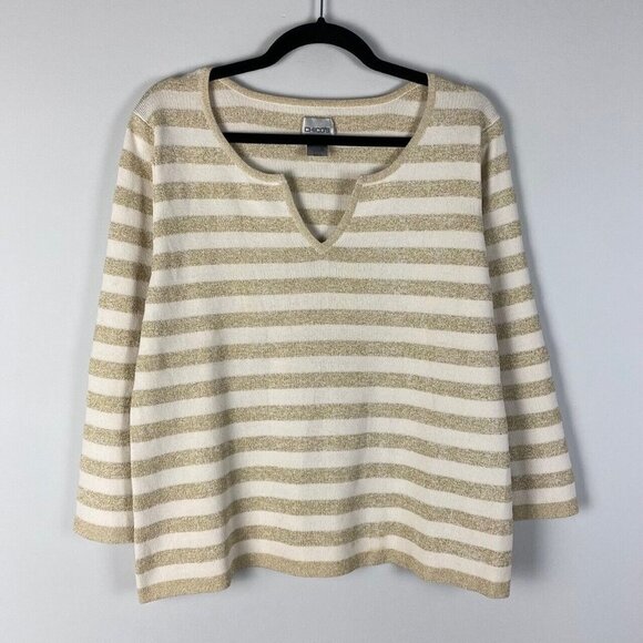 Chicos Sweater Womens 3 US XL Silk Blend Gold Metallic Sparkle Notch V Neck - Picture 1 of 8
